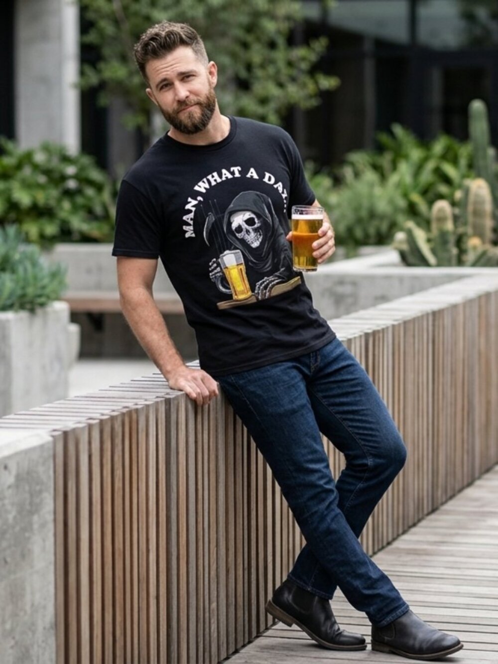 Man, What A Day! Black Graphic Tee with Grim Reaper and Beer